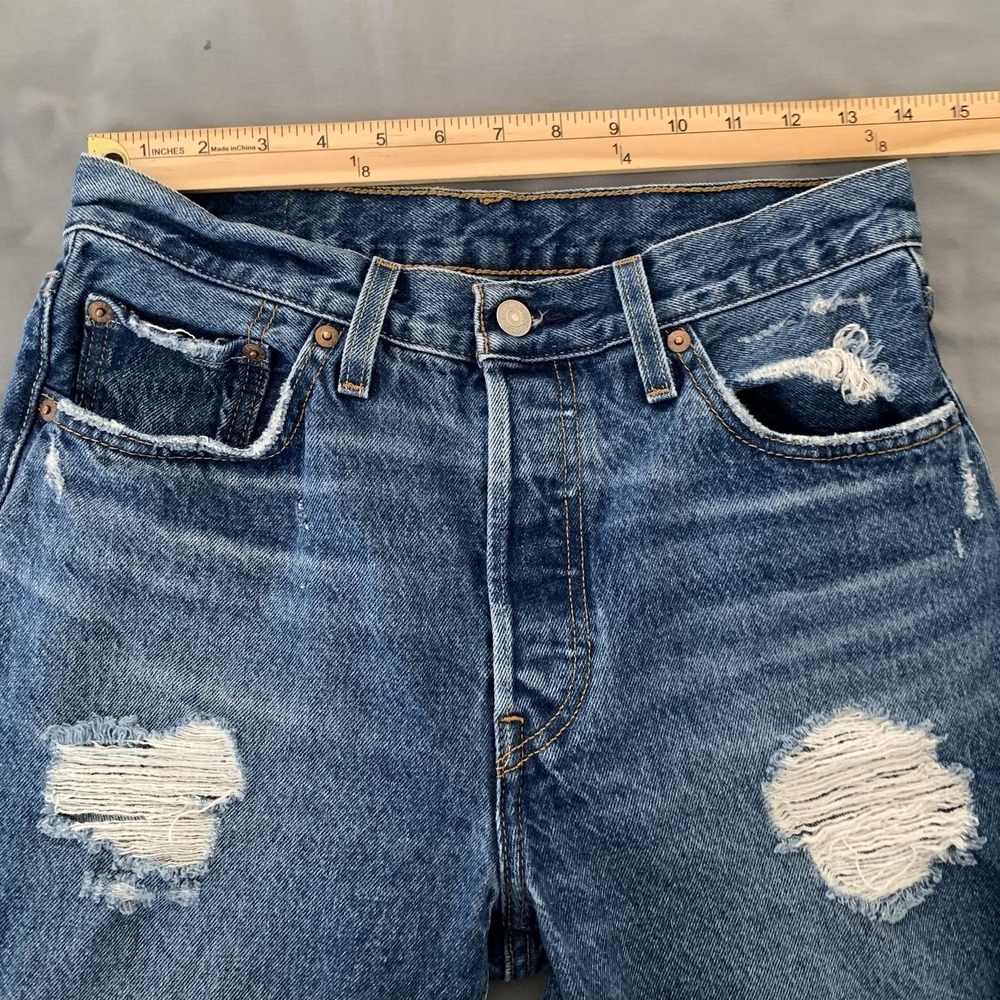 Levis 501 Jeans Mens 28x30 Blue Medium Wash Straight Distressed Denim Pants - Picture 4 of 11